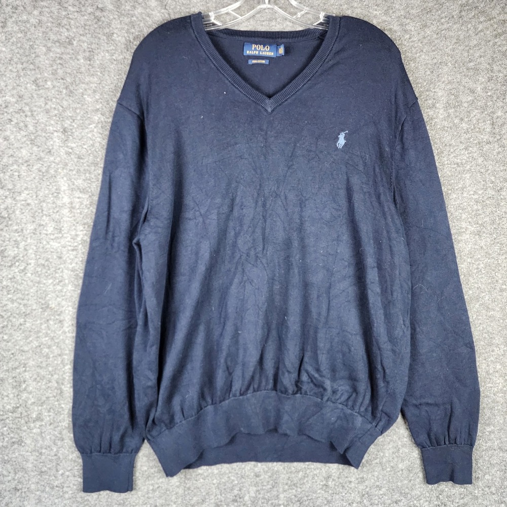 Polo Ralph Lauren Sweater Men XL Navy Blue Pima Cotton V-Neck Pony Logo